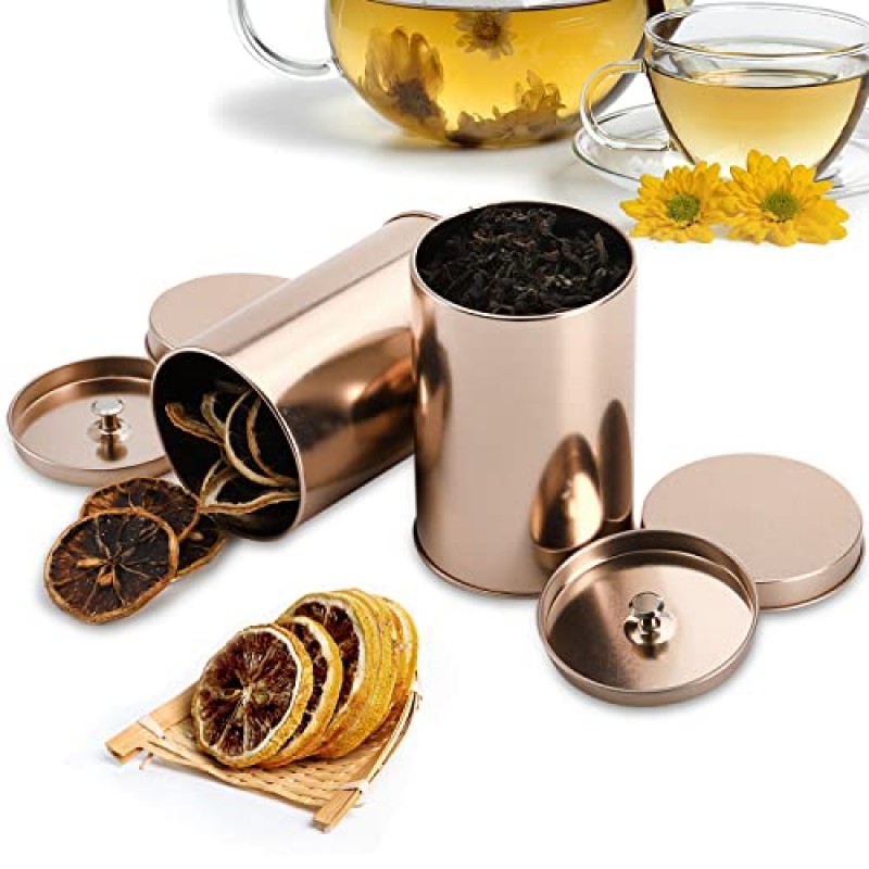 Yesland 밀폐 이중 뚜껑이 있는 6팩 차 주석 용기, 12액체 온스 주석 캔 상자 및 느슨한 차, 커피, 사탕, 허브 및 향신료용 소형 원형 주방 용기(로즈 골드)