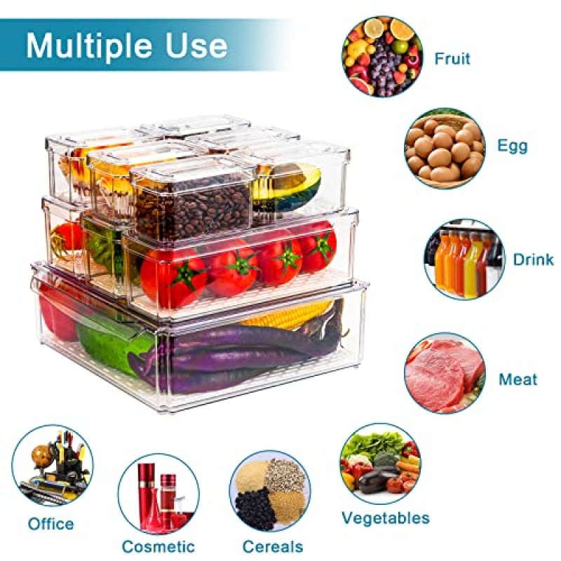 냉장고 정리함, 뚜껑이 있는 10팩 식품 저장실 조직 및 보관함, 탈착식 라벨이 있는 투명 플라스틱 보관함 *1 및 냉장고 라이너 매트 *4 탄산음료, 과일, 야채, 음식, 음료수용