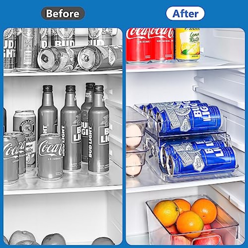 Puricon 대형 접이식 스키니 캔 정리함, 16온스(473ml)/17온스(500ml) 스키니 키 큰 캔용 자동 롤링 음료 디스펜서, 냉장고, 식료품 저장실 및 조리대용 투명하고 공간 절약형 보관함 - 1팩