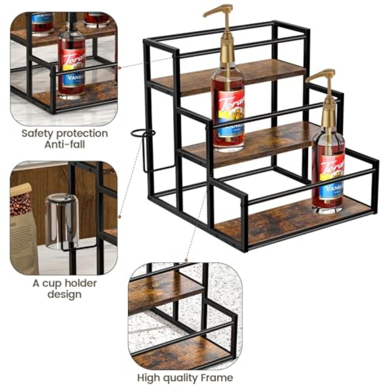 Vantimo 커피 시럽 정리 랙, 커피 바용 3단 시럽 병 스탠드 홀더, 시럽, 와인, 주류, 주방 커피 스테이션 정리 랙, 13x13.4x13.4인치용 수조 보관 선반