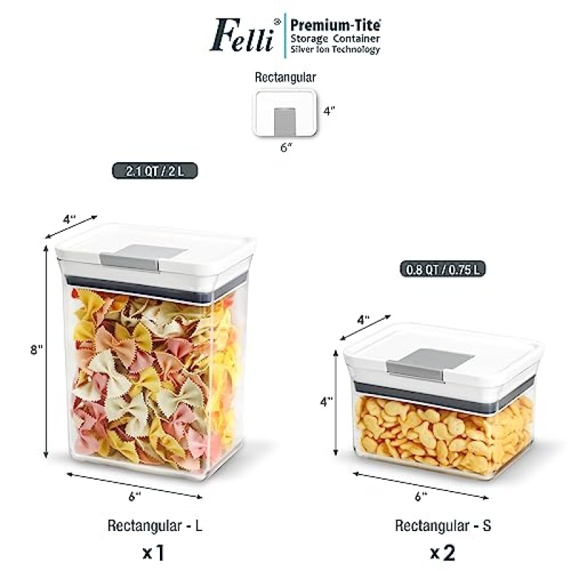 Felli Premium Tite 얼룩 냄새 없는 뚜껑이 있는 은 이온 보관 용기, 유아용 식품에 적합 유아용 분유, 세면대 메이크업 정리함 개인 관리 용품, 주방 식료품 저장실 정리함, 밀폐 용기 간편한 플립 잠금 상단 아크릴 용기 미용 브러쉬 스폰지 면 면 Qtip, 직사각형 3PC 세트