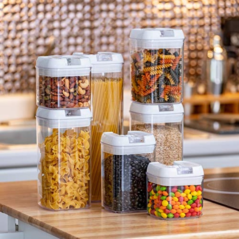 Alphx Innovations 밀폐형 식품 보관 용기 7개 세트 - 식품 저장실 정리함, BPA 프리 플라스틱 용기 및 건식 지우기 마커 및 라벨, 흰색