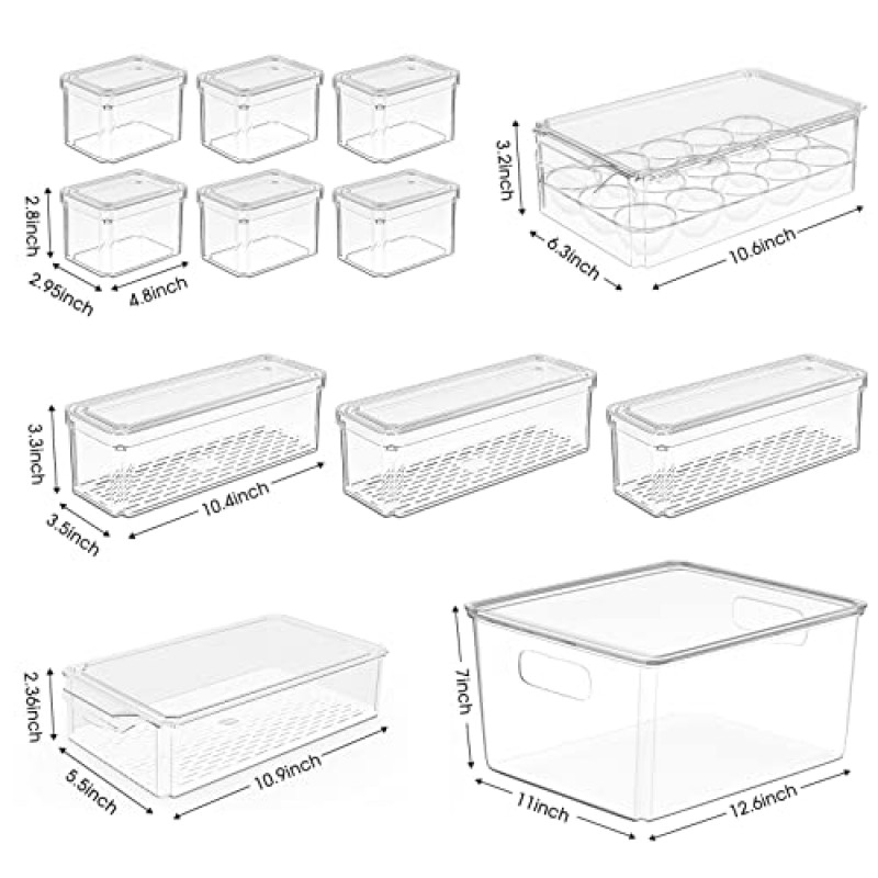 Ozera 12Pcs 냉장고 정리함, 계란 홀더가 있는 냉장고 정리함, 냉장고용 쌓을 수 있는 과일 보관 용기, BPA가 없는 투명 냉장고 정리함 및 과일, 야채용 뚜껑이 있는 보관함