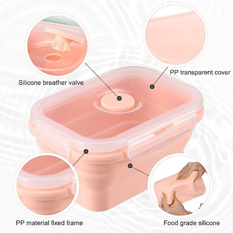 Mifoci 실리콘 접이식 식품 저장 용기 8개 세트 12온스 접이식 식사 준비 용기 뚜껑이 있는 사각형 접이식 그릇, 통풍구, 전자레인지, 냉동고 및 식기세척기 안전(핑크색)