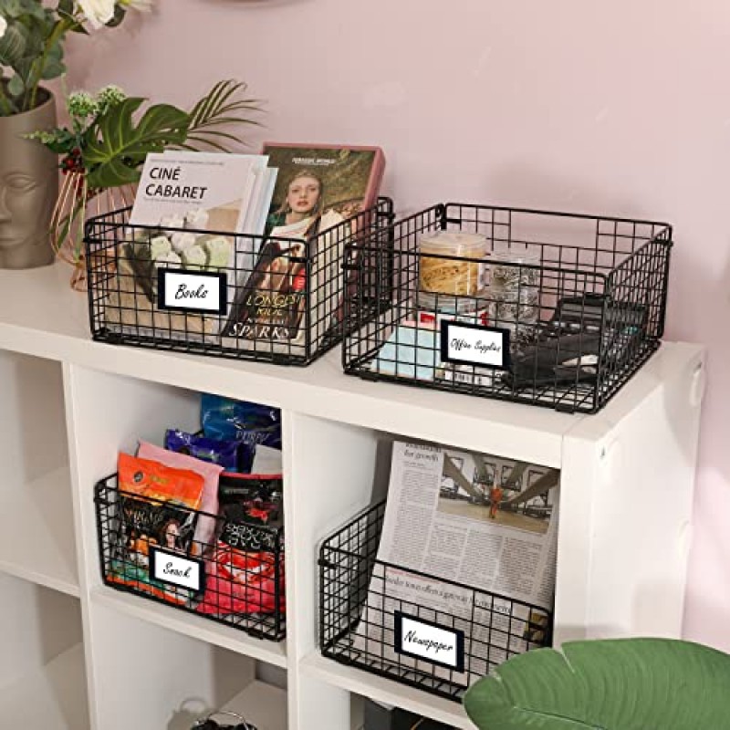 X-cosrack 접이식 캐비닛 벽걸이형 금속 와이어 바구니 정리함(손잡이 포함) - 4팩, 12인치 x 12인치 X 6인치 농가 식품 보관함 주방 식료품 저장실 세탁실 차고용 메쉬 상자 특허 디자인