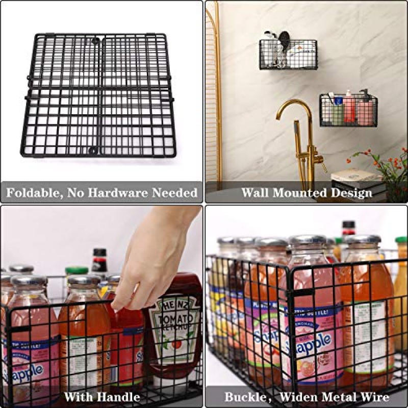X-cosrack 접이식 캐비닛 벽걸이형 금속 와이어 바구니 정리함(손잡이 포함) - 4팩, 12인치 x 12인치 X 6인치 농가 식품 보관함 주방 식료품 저장실 세탁실 차고용 메쉬 상자 특허 디자인