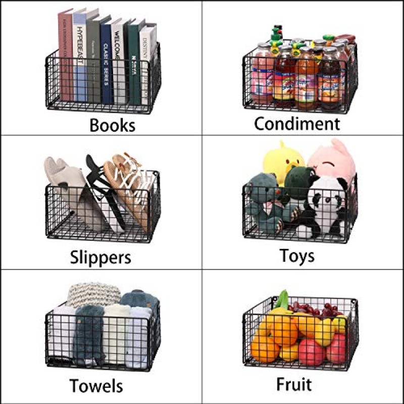 X-cosrack 접이식 캐비닛 벽걸이형 금속 와이어 바구니 정리함(손잡이 포함) - 4팩, 12인치 x 12인치 X 6인치 농가 식품 보관함 주방 식료품 저장실 세탁실 차고용 메쉬 상자 특허 디자인
