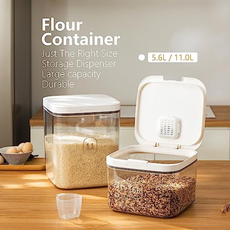 LivLab 밀가루 디스펜서 - 5.6 L /1.65 qt /5 kg 쌀 용기 보관 식품 시리얼 용기 용기 주방 식료품 저장실 조직용 가정용(5.6 L)