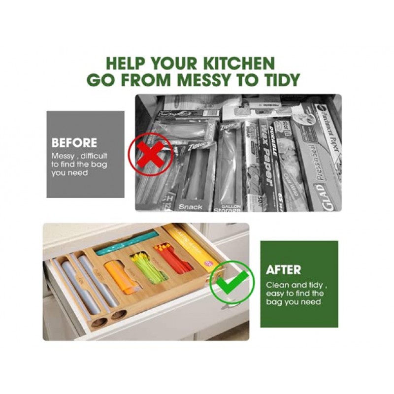 대나무 지플락 백 보관 정리함 - 갤런, 쿼트, 샌드위치에 적합한 커터가 포함된 6 in 1 랩 디스펜서; 스낵 백, 알루미늄 호일 플라스틱 랩 정육점 종이 등; 12인치 주방 롤과 함께 작동