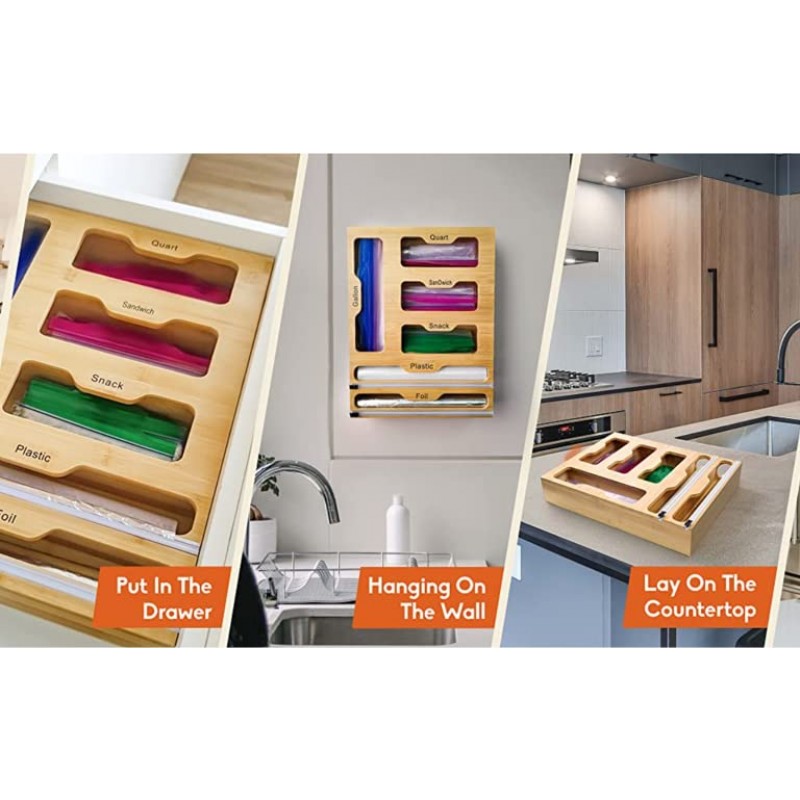 대나무 지플락 백 보관 정리함 - 갤런, 쿼트, 샌드위치에 적합한 커터가 포함된 6 in 1 랩 디스펜서; 스낵 백, 알루미늄 호일 플라스틱 랩 정육점 종이 등; 12인치 주방 롤과 함께 작동