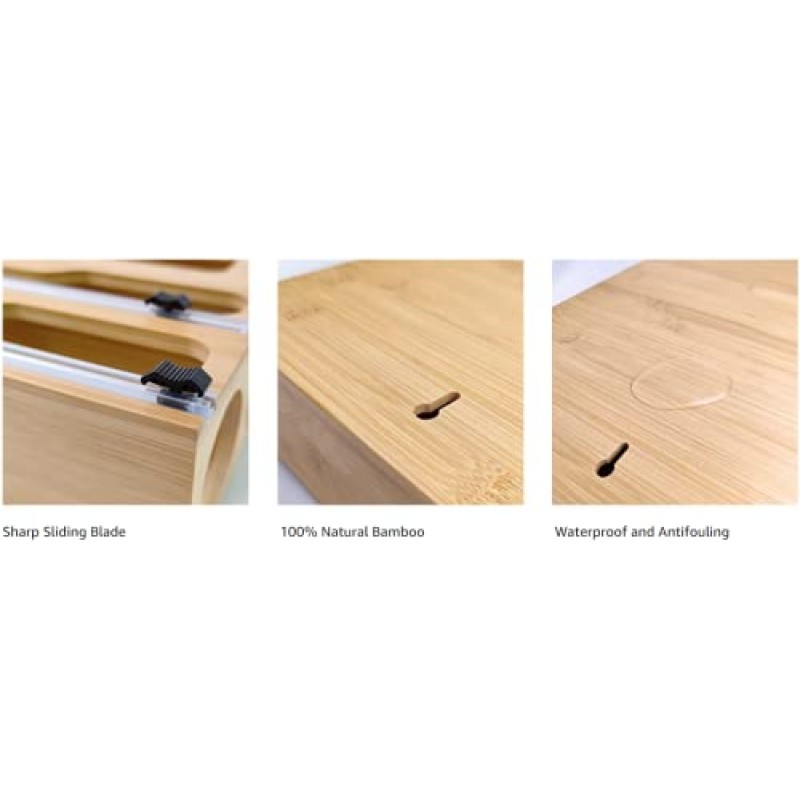 대나무 지플락 백 보관 정리함 - 갤런, 쿼트, 샌드위치에 적합한 커터가 포함된 6 in 1 랩 디스펜서; 스낵 백, 알루미늄 호일 플라스틱 랩 정육점 종이 등; 12인치 주방 롤과 함께 작동