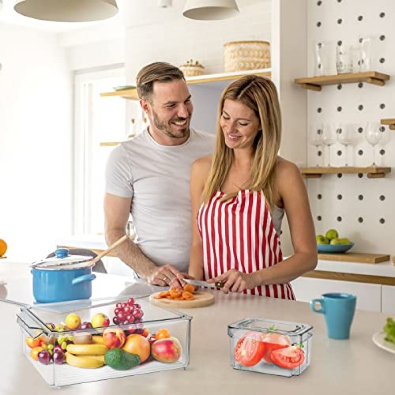 MDHAND 냉장고 정리함 - 냉장고 정리함, 10개 냉장고 정리함 및 보관함 뚜껑이 있는 투명하고 쌓을 수 있는 냉장고 정리함 냉장고용 BPA 프리 계란 정리함