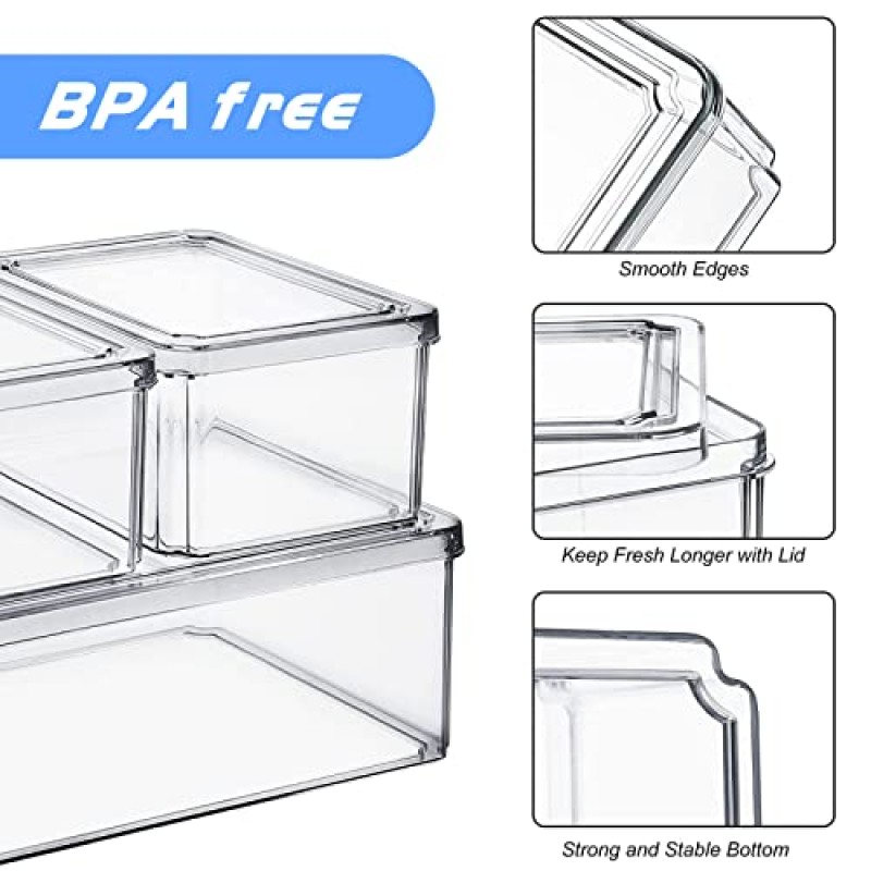 MDHAND 냉장고 정리함 - 냉장고 정리함, 10개 냉장고 정리함 및 보관함 뚜껑이 있는 투명하고 쌓을 수 있는 냉장고 정리함 냉장고용 BPA 프리 계란 정리함