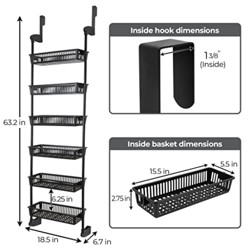 보관을 위한 스마트 디자인 오버더 도어 정리함 - 식료품 저장실 정리, 침실, 욕실 보관, 놀이방 또는 주방에 적합 - 조절 가능한 강철 프레임(바구니 6개 및 벽걸이 포함) - 올 블랙
