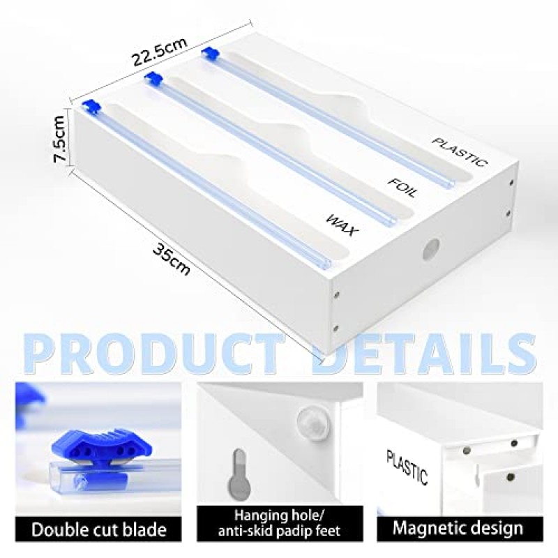 Boutitween 포일 및 플라스틱 랩 정리함, 커터가 포함된 3 in 1 플라스틱 랩 디스펜서, 플라스틱 랩, 알루미늄 호일, 왁스 커터, 주방 보관 정리 홀더. 13