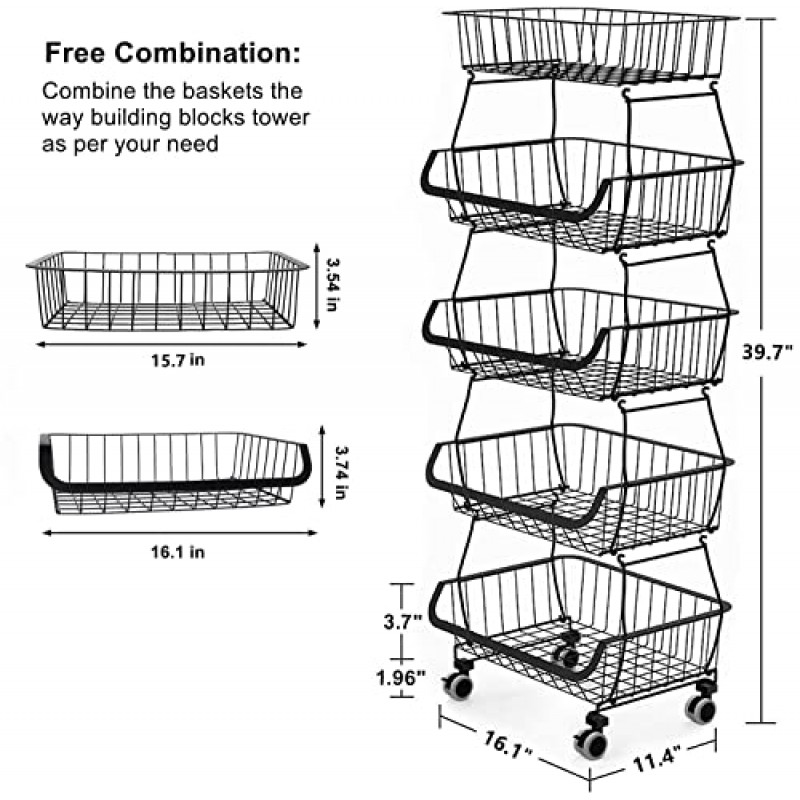 OKZEST 5단 과일바구니 | 과일 야채 생산 양파 감자 스낵용 바퀴가 달린 쌓을 수 있는 와이어 보관 랙 | 소형 롤링 주방 식료품 저장실 정리 카트