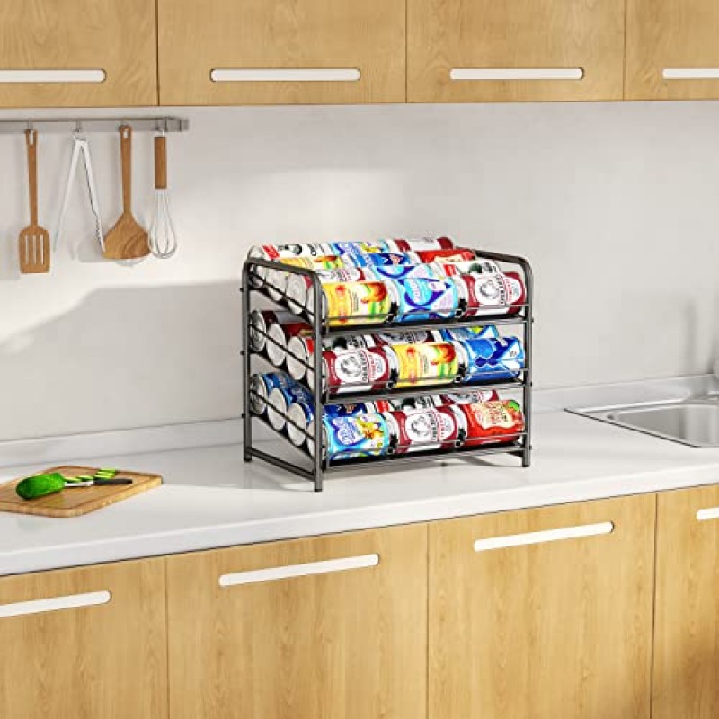 심플한 트렌드의 3계층 쌓을 수 있는 캔 랙 정리함, 주방 캐비닛 또는 식품 저장실용 메쉬 캔 보관 디스펜서, 블랙