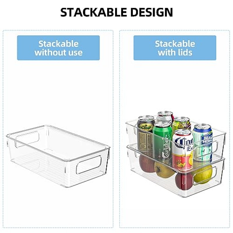 식료품 저장실 냉동고 서랍 보관용 뚜껑이 있는 ZXA 투명 냉장고 정리함, 중간 크기 4팩, 쌓을 수 있는 주방, 냉장고용 BPA 프리 정리함