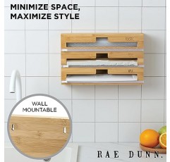 Rae Dunn 3 in 1 랩 정리함(커터, 플라스틱 랩, 알루미늄 호일 및 왁스 포함) 12인치 롤용 주방 보관 정리 홀더용 대나무 디스펜서