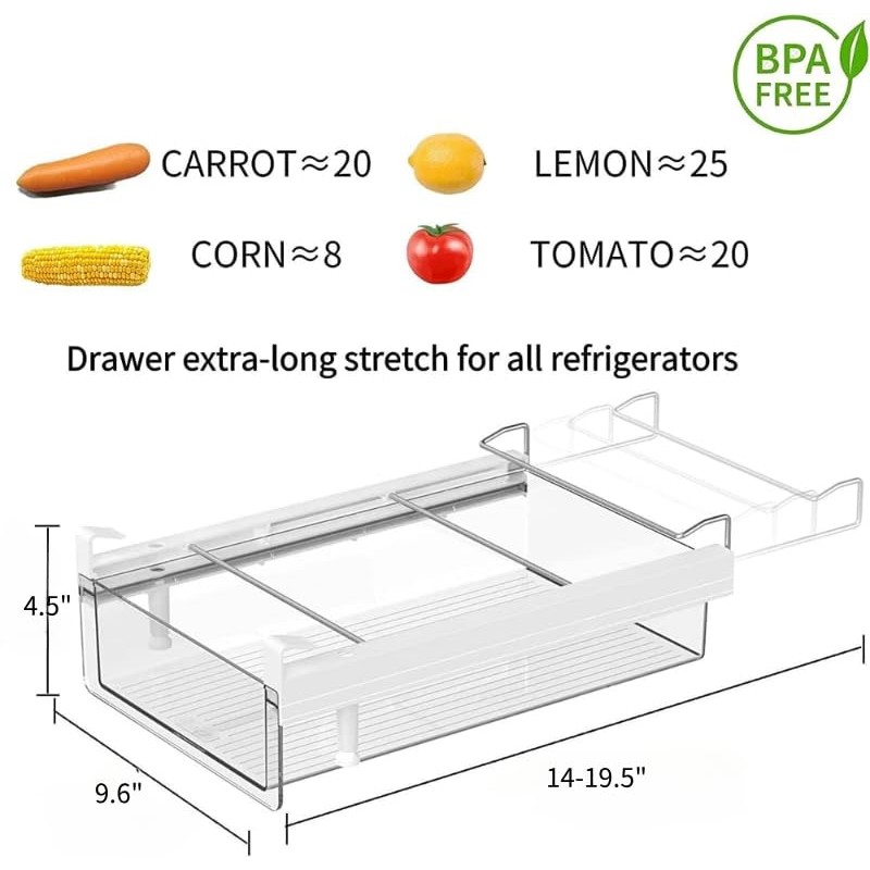 vacane 냉장고 정리함 서랍, 손잡이가 있는 플라스틱 냉장고 서랍 풀아웃 냉장고 정리함 정리함, 매우 긴 스트레치 19.5