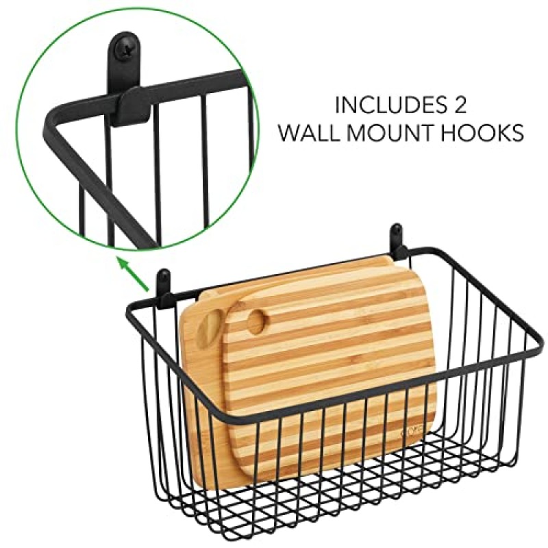 주방, 침실, 욕실용 mDesign 금속 와이어 벽걸이형 수납 정리함 바구니통 - 식료품 저장실, 옷장 및 캐비닛에 장착 가능한 걸이 정리함 - Unity 컬렉션 - 2팩 - 매트 블랙