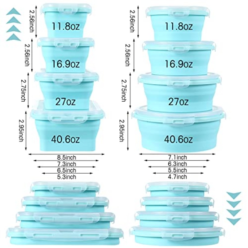 Karenhi 8개 밀폐형 뚜껑이 있는 접이식 실리콘 식품 보관 용기 뚜껑이 있는 쌓을 수 있는 접이식 그릇 전자레인지 및 식기세척기 사용 가능(파란색)