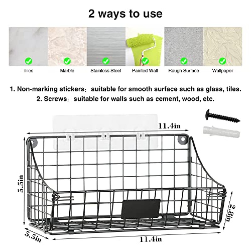4팩 정리용 벽걸이 바구니, 보관용 대형 와이어 바구니 S 후크 5개 + 강력한 접착성 벽 후크 4개, 주방 욕실 샤워용 벽걸이형 금속 와이어 보관 바구니 선반