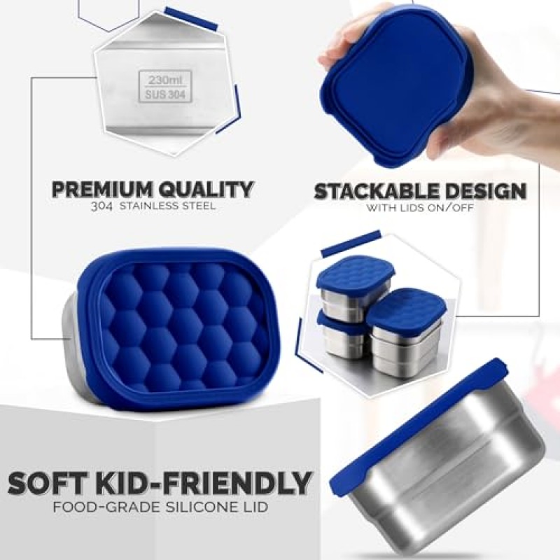 어린이를 위한 Hsei 6 Pcs 스테인레스 스틸 스낵 용기, 실리콘 뚜껑이 있는 8온스 식품 용기 어린이집 및 학교 보관 용품을 위한 휴대용 재사용 가능한 금속 유아용 도시락 상자(파란색)