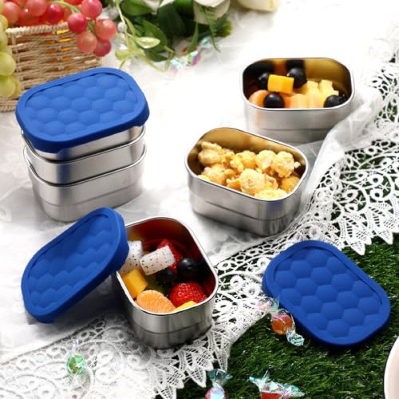 어린이를 위한 Hsei 6 Pcs 스테인레스 스틸 스낵 용기, 실리콘 뚜껑이 있는 8온스 식품 용기 어린이집 및 학교 보관 용품을 위한 휴대용 재사용 가능한 금속 유아용 도시락 상자(파란색)