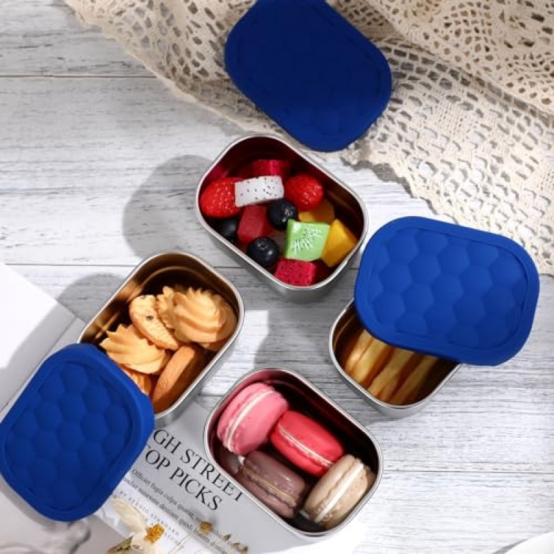 어린이를 위한 Hsei 6 Pcs 스테인레스 스틸 스낵 용기, 실리콘 뚜껑이 있는 8온스 식품 용기 어린이집 및 학교 보관 용품을 위한 휴대용 재사용 가능한 금속 유아용 도시락 상자(파란색)