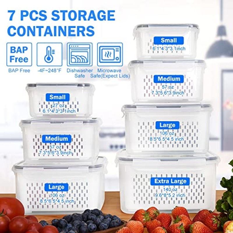 Pomeat 7 PCS 냉장고 정리용 대형 과일 보관 용기 뚜껑이 있는 냉장고 정리함용 누수 방지 생산 보호기 용기 뚜껑 및 탈착식 소쿠리 냉장고용 야채 베리 용기