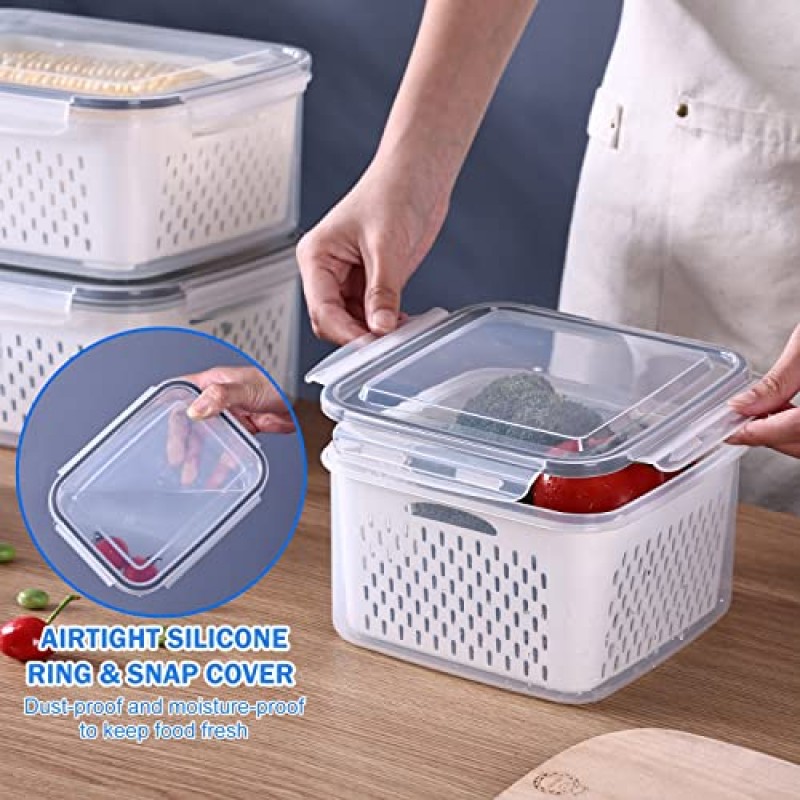 Pomeat 7 PCS 냉장고 정리용 대형 과일 보관 용기 뚜껑이 있는 냉장고 정리함용 누수 방지 생산 보호기 용기 뚜껑 및 탈착식 소쿠리 냉장고용 야채 베리 용기