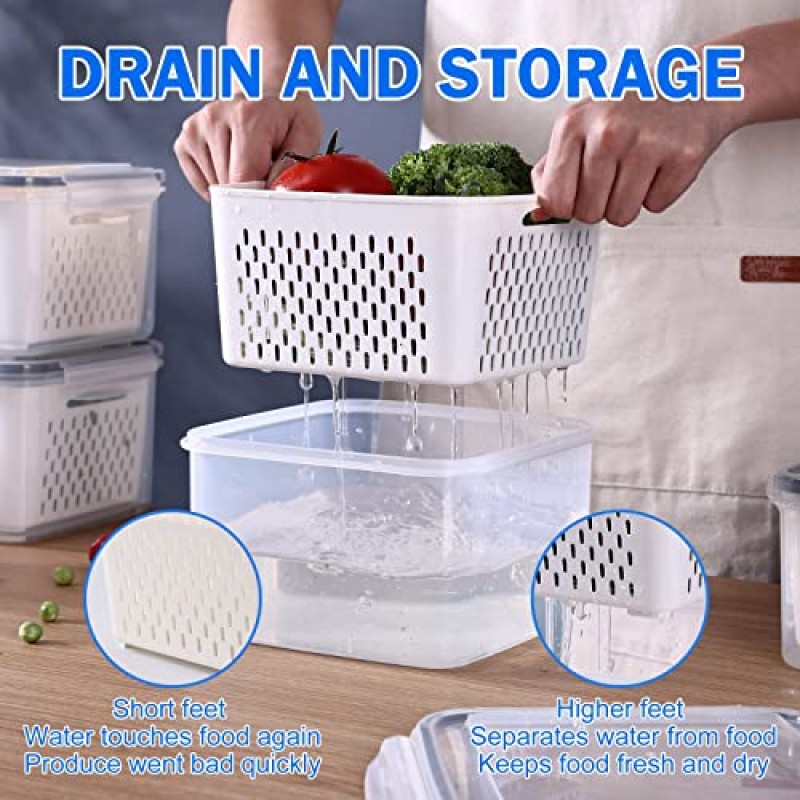 Pomeat 7 PCS 냉장고 정리용 대형 과일 보관 용기 뚜껑이 있는 냉장고 정리함용 누수 방지 생산 보호기 용기 뚜껑 및 탈착식 소쿠리 냉장고용 야채 베리 용기