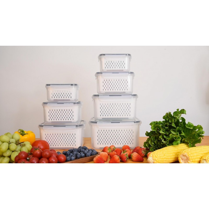 Pomeat 7 PCS 냉장고 정리용 대형 과일 보관 용기 뚜껑이 있는 냉장고 정리함용 누수 방지 생산 보호기 용기 뚜껑 및 탈착식 소쿠리 냉장고용 야채 베리 용기