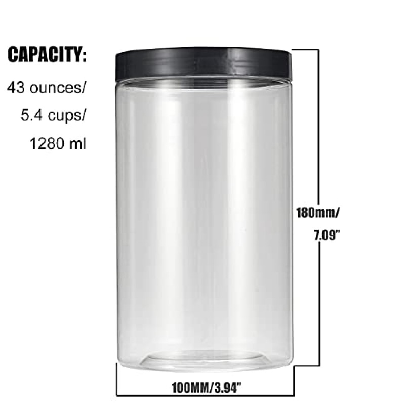 HoleviFO 43온스(1280ml 6팩) 부드러운 검정색 뚜껑과 라벨이 있는 투명 플라스틱 병, 넓은 입, BPA 없음, 가정 및 주방 식품 저장실 정리 및 보관용 PET 병 대량(검은색)
