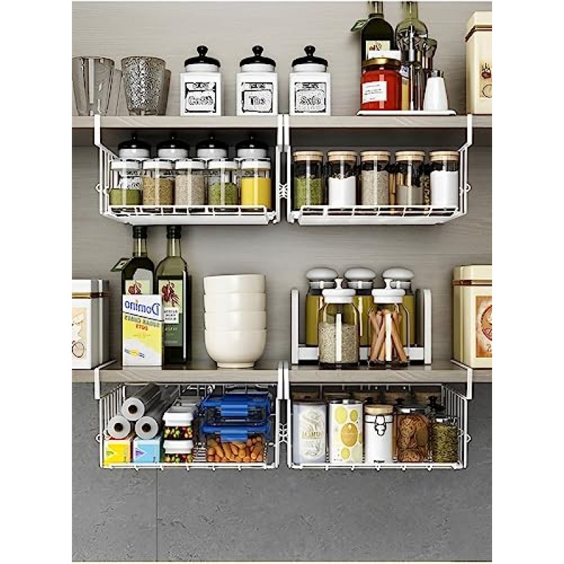 선반 아래 바구니 보관함 2팩 - 캐비닛 선반 아래 12.6인치 금속, 걸이형 와이어 바구니 선반, 주방 식료품 저장실 책장용 선반 아래 보관 바구니