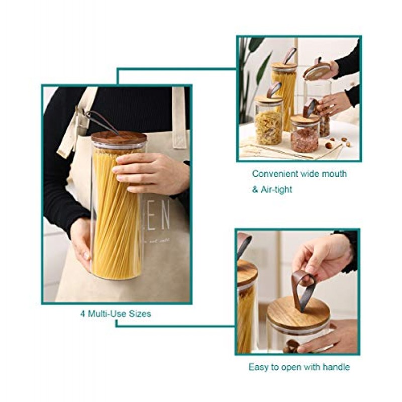 Emica 홈 붕규산 유리 주방 용기/아카시아 나무 밀폐 뚜껑 및 PU 손잡이 세트-4 팩, 주방용 유리 식품 저장 용기, 식료품 저장실 조직, 커피, 견과류에 이상적