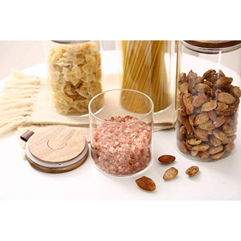 Emica 홈 붕규산 유리 주방 용기/아카시아 나무 밀폐 뚜껑 및 PU 손잡이 세트-4 팩, 주방용 유리 식품 저장 용기, 식료품 저장실 조직, 커피, 견과류에 이상적