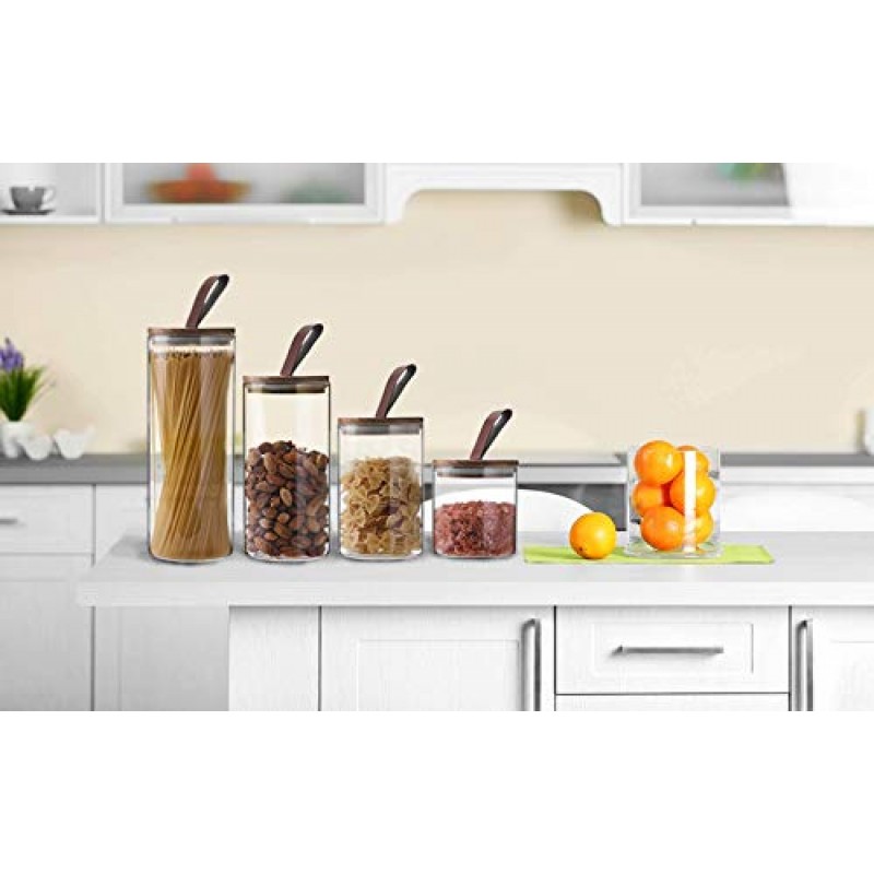 Emica 홈 붕규산 유리 주방 용기/아카시아 나무 밀폐 뚜껑 및 PU 손잡이 세트-4 팩, 주방용 유리 식품 저장 용기, 식료품 저장실 조직, 커피, 견과류에 이상적