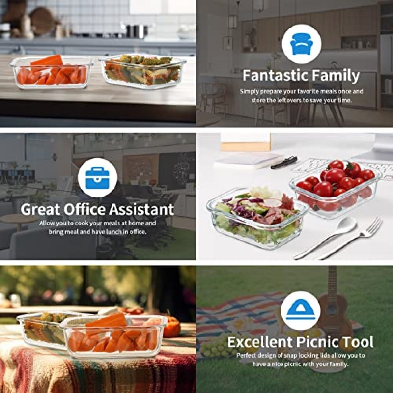 뚜껑이 있는 24피스 소형 유리 식품 보관 용기, 1.5컵 식사 준비 용기 세트, 전자레인지 및 식기세척기 사용 가능, 누출 방지, BPA 프리, 투명/회색