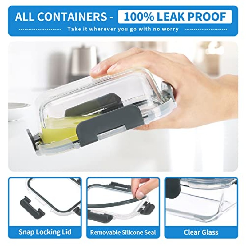 뚜껑이 있는 24피스 소형 유리 식품 보관 용기, 1.5컵 식사 준비 용기 세트, 전자레인지 및 식기세척기 사용 가능, 누출 방지, BPA 프리, 투명/회색