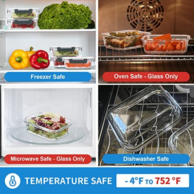 뚜껑이 있는 24피스 소형 유리 식품 보관 용기, 1.5컵 식사 준비 용기 세트, 전자레인지 및 식기세척기 사용 가능, 누출 방지, BPA 프리, 투명/회색