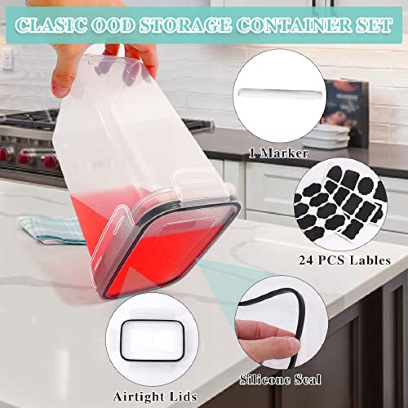 Jeffbaubl 7 PCS 밀폐 식품 보관 용기, 뚜껑이 있는 주방 보관 용기, 마커가 있는 플라스틱 건조 식품 용기 및 식품 저장실 조직 보관용 라벨 24개, BPA 없음