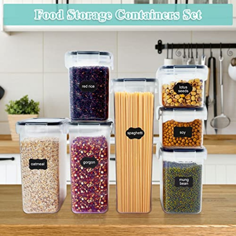 Jeffbaubl 7 PCS 밀폐 식품 보관 용기, 뚜껑이 있는 주방 보관 용기, 마커가 있는 플라스틱 건조 식품 용기 및 식품 저장실 조직 보관용 라벨 24개, BPA 없음