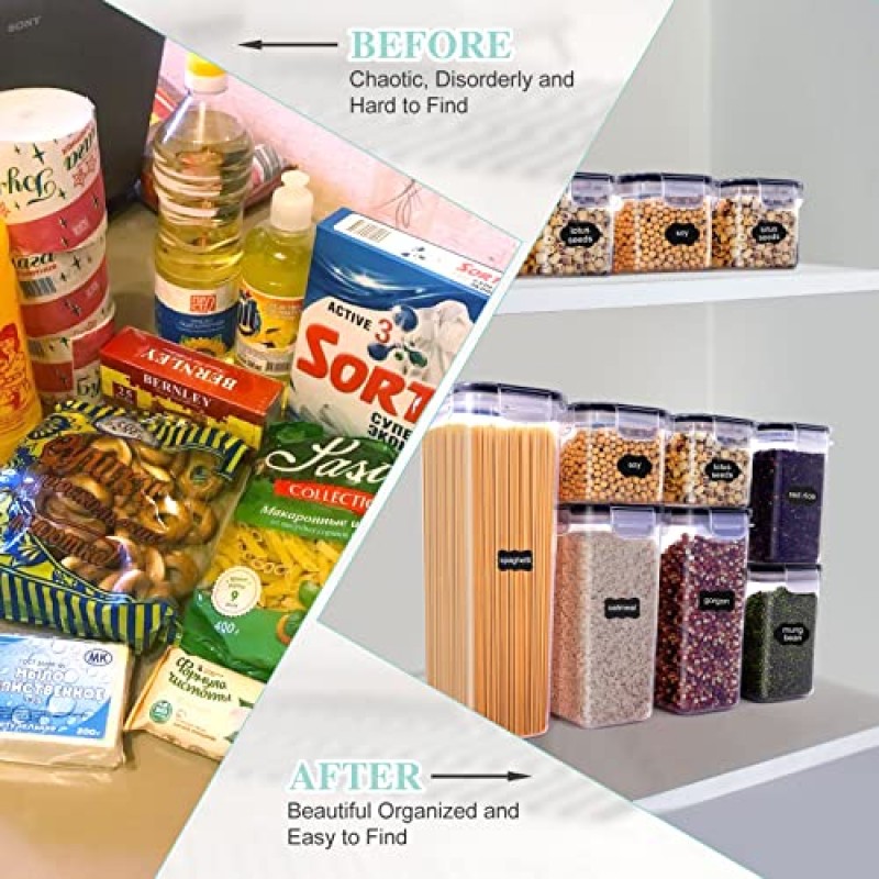 Jeffbaubl 7 PCS 밀폐 식품 보관 용기, 뚜껑이 있는 주방 보관 용기, 마커가 있는 플라스틱 건조 식품 용기 및 식품 저장실 조직 보관용 라벨 24개, BPA 없음