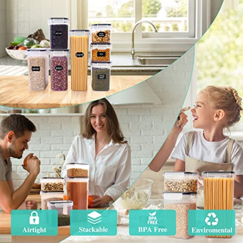 Jeffbaubl 7 PCS 밀폐 식품 보관 용기, 뚜껑이 있는 주방 보관 용기, 마커가 있는 플라스틱 건조 식품 용기 및 식품 저장실 조직 보관용 라벨 24개, BPA 없음
