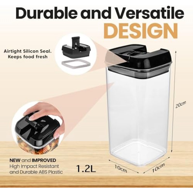 Shazo 밀폐 식품 저장 용기(6개 세트) - 보너스 계량 컵 - 라벨 및 마커 - 내구성 플라스틱 - BPA 프리 - 개선된 뚜껑이 있는 투명(검은색) - 기밀 스낵 식료품 저장실 및 주방 용기