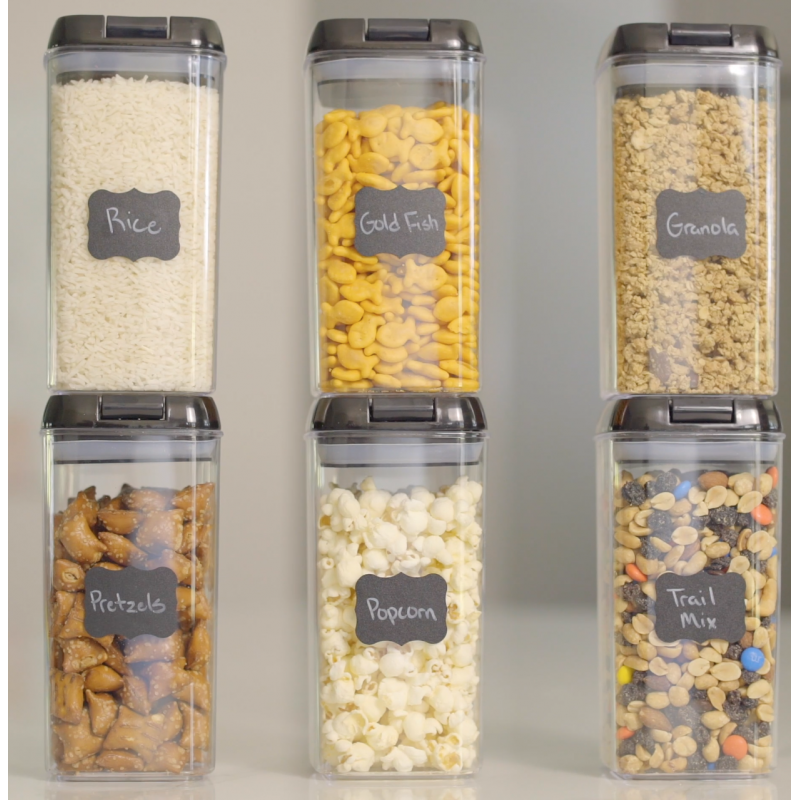 Shazo 밀폐 식품 저장 용기(6개 세트) - 보너스 계량 컵 - 라벨 및 마커 - 내구성 플라스틱 - BPA 프리 - 개선된 뚜껑이 있는 투명(검은색) - 기밀 스낵 식료품 저장실 및 주방 용기