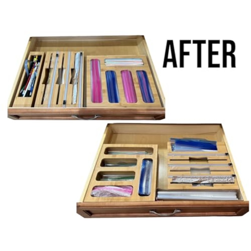 LWC 9 in 1 주방 서랍용 대나무 지플락 가방 정리함 - 호일 및 플라스틱 랩 디스펜서 - 샌드위치 가방, 갤런, 쿼트, 스낵 및 샌드위치 보관 가방 호환 가능