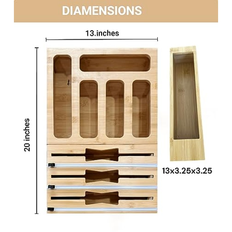 LWC 9 in 1 주방 서랍용 대나무 지플락 가방 정리함 - 호일 및 플라스틱 랩 디스펜서 - 샌드위치 가방, 갤런, 쿼트, 스낵 및 샌드위치 보관 가방 호환 가능